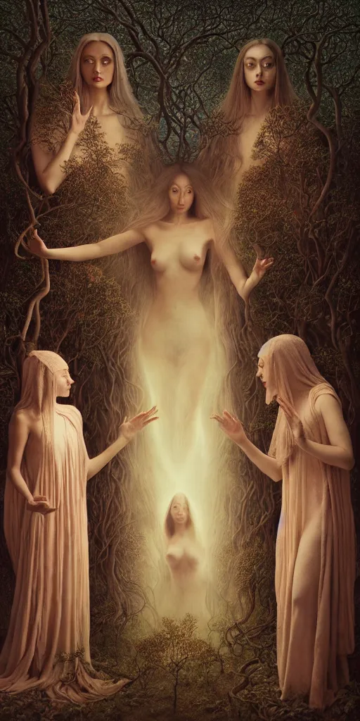 Image similar to the three fates, forest, moonlight, gemma chen, madison beer, angela sarafyan, pinup, intricate beautiful faces, surrealistic painting by agostino arrivabene, vanessa beecroft, anka zhuravleva, mary jane ansell, peter mohbacher, gerald brom