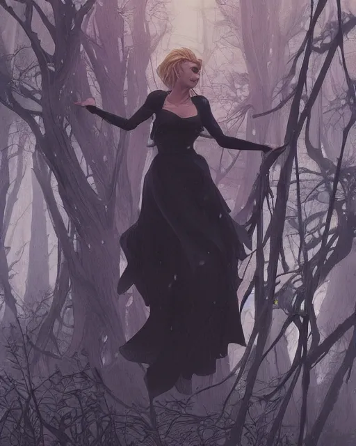 Prompt: elsa, winter, somber, sad, black dress, low light, foggy at dawn, sunlight visible through tree leaves, misty, magic, atmospheric art by artgerm and greg rutkowski and alphonse mucha and by artgerm, by studio muti, greg rutkowski makoto shinkai takashi takeuchi,