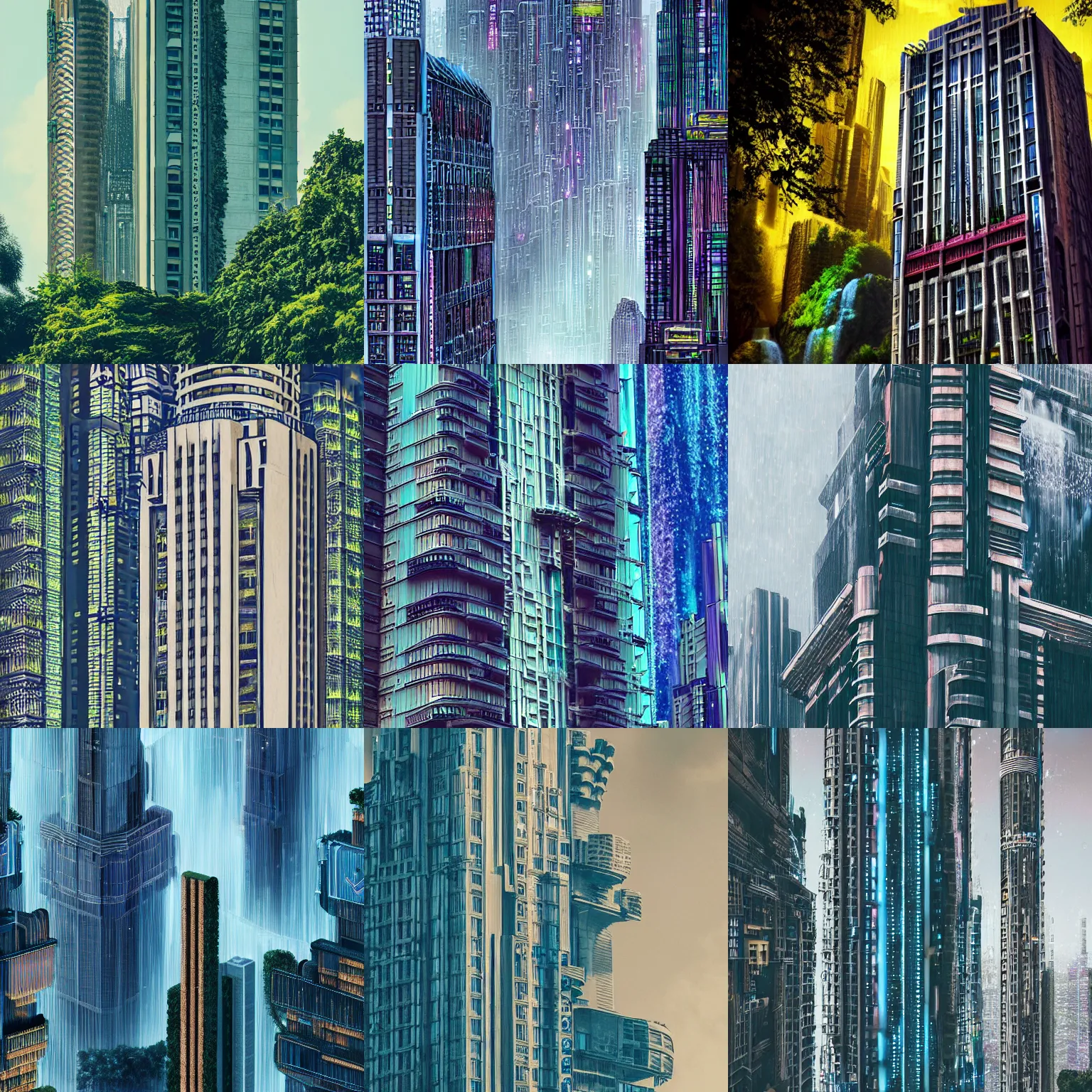Prompt: detailed photo of a beautiful Art Deco cyberpunk skyscraper with a waterfall and gardens