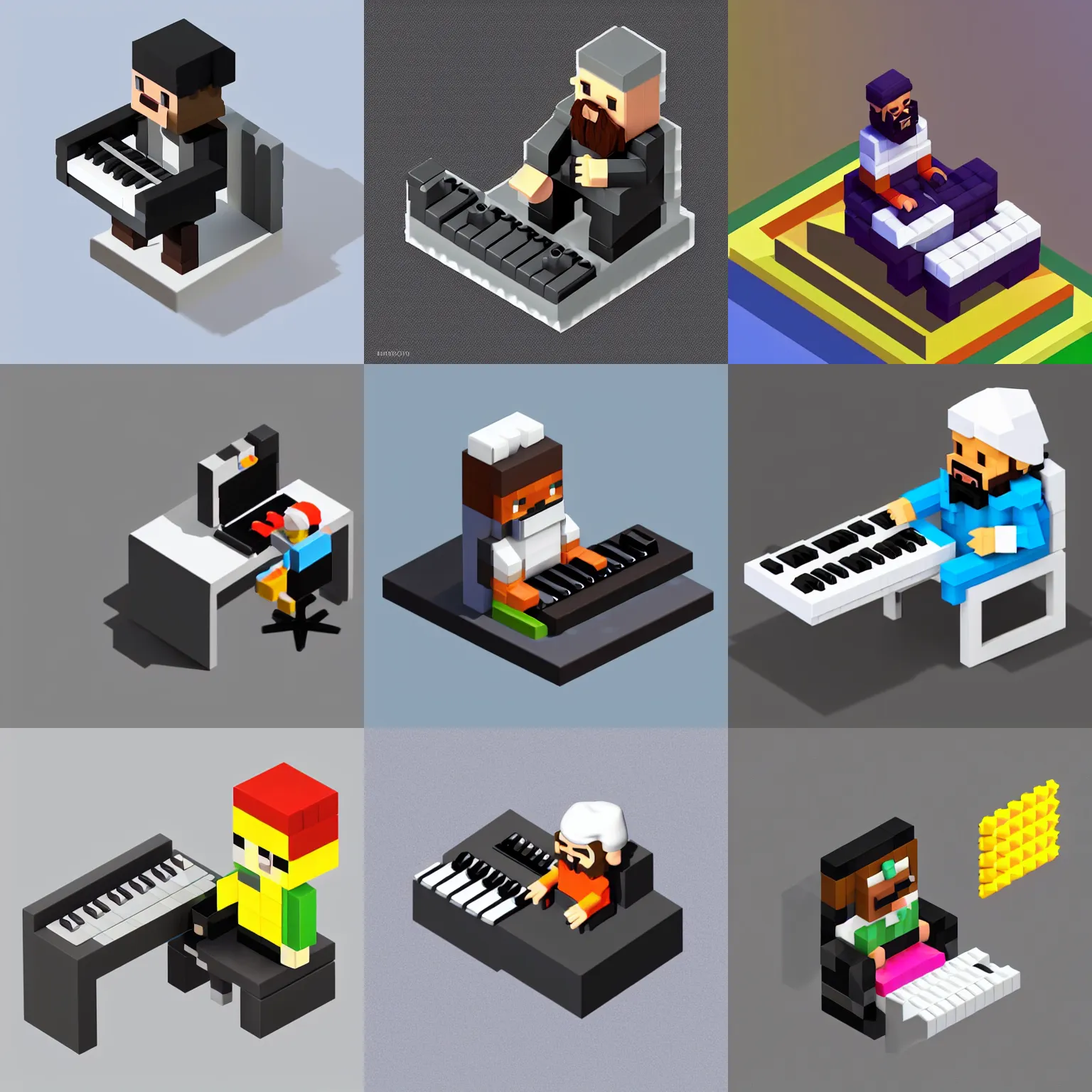 Prompt: an isometric minimal cute voxel sprite of a 🧔🏿 wearing a gray do rag and a black winter puffer coat, sitting in a chair and playing a keyboard synthesizer, white background,