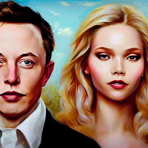 Image similar to Portrait of sasha luss and elon musk, in the style of Konstantin Razumov, extremely detailed