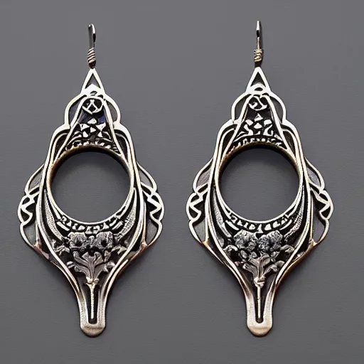 Image similar to big and beautiful detailed artnouveau style earrings sharp focus 8 k