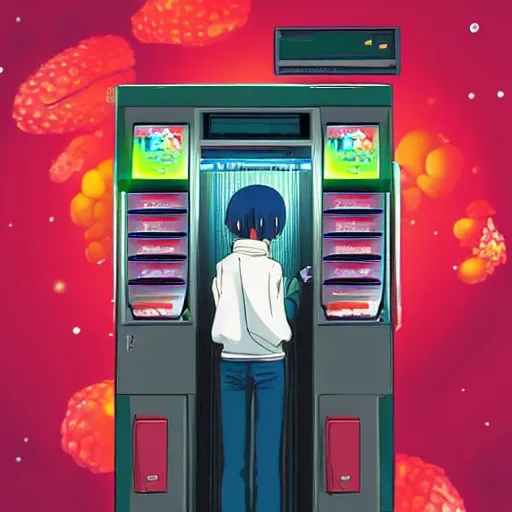 Prompt: “Shinji from Eva buying berries from a berry vending machine on a futuristic space ship, anime, artstation”