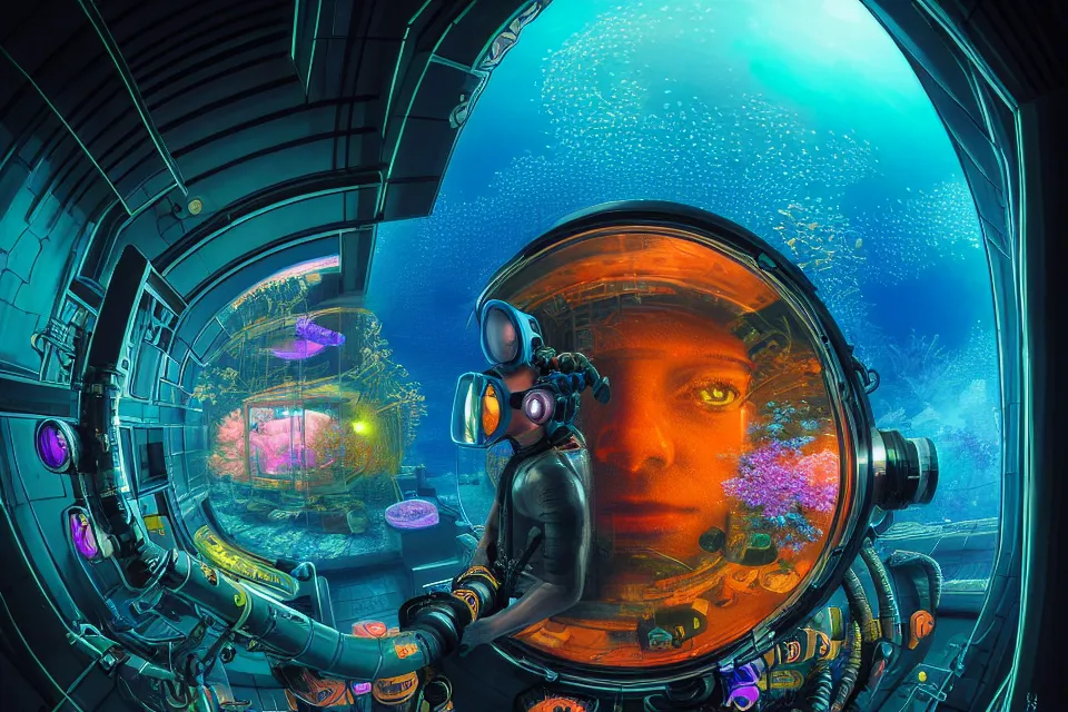 Prompt: detailed portrait of a cyberpunk scuba diver inside a dmt portal, cinematic lighting, corals, big mirrors, stacked computer screens, science lab, fish eye lens, wide angle, mass effect fantasy, 8 k high resolution, by james r eads and tomasz alen kopera