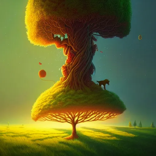 Prompt: a tree growing labradors instead of fruit, bright, fantasy, wlop, dan mumford, artgerm, liam brazier, peter mohrbacher, 8 k, raw, featured in artstation, octane render, cinematic, elegant, intricate, 8 k