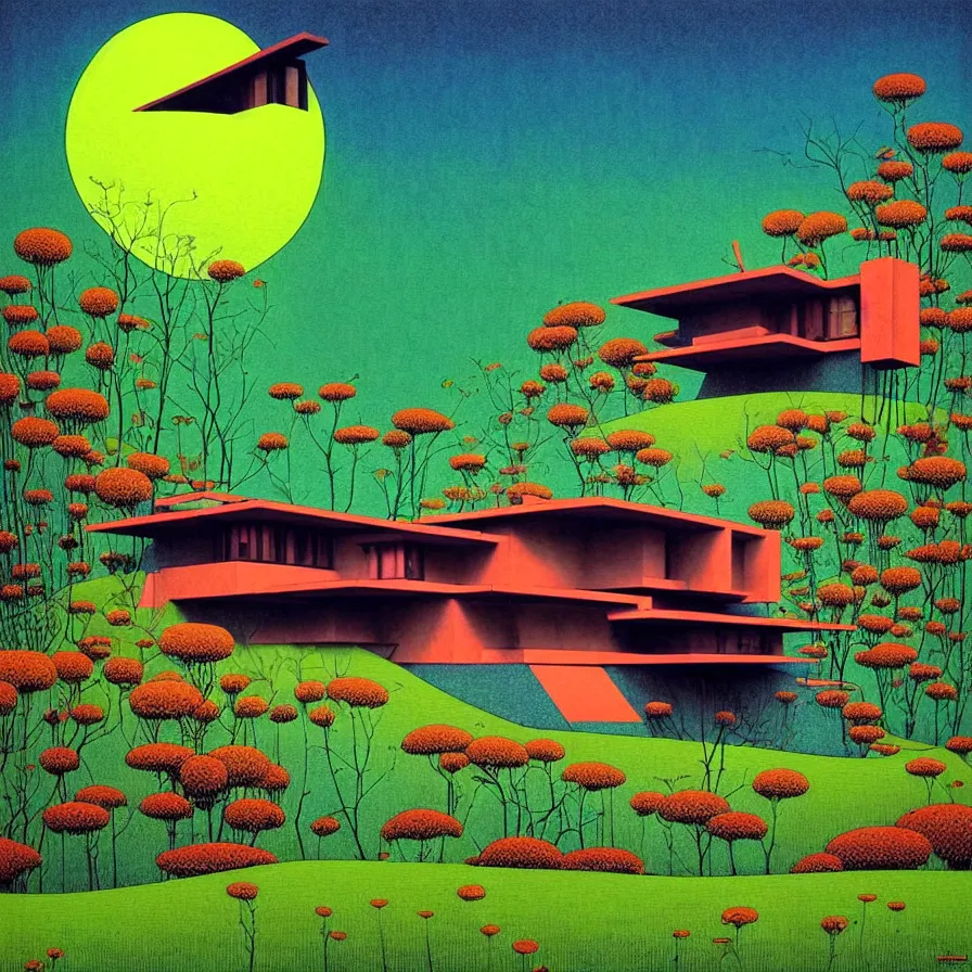 Prompt: surreal glimpse into other universe, house by frank lloyd wright, summer morning, very coherent and colorful high contrast, art by!!!! gediminas pranckevicius!!!!, geof darrow, floralpunk screen printing woodblock, dark shadows, hard lighting, stipple brush technique,