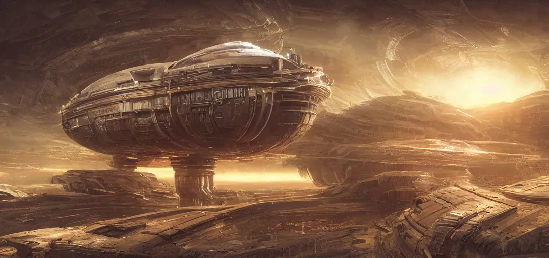 Image similar to realistic cinematic sci - fi mothership interior or exteror - machinery, tubes wires path matte painting masterpiece warm tones quiet