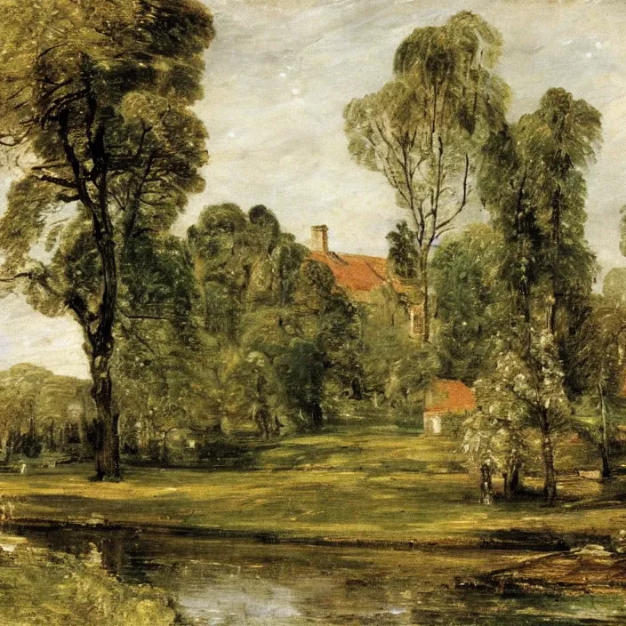 Image similar to a building in a serene landscape, by john constable