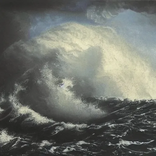 Image similar to A beautiful experimental art of a raging storm at sea, with huge waves crashing against the rocks. The sky is dark and ominous, and the sea is rough and choppy. by Desmond Morris offhand