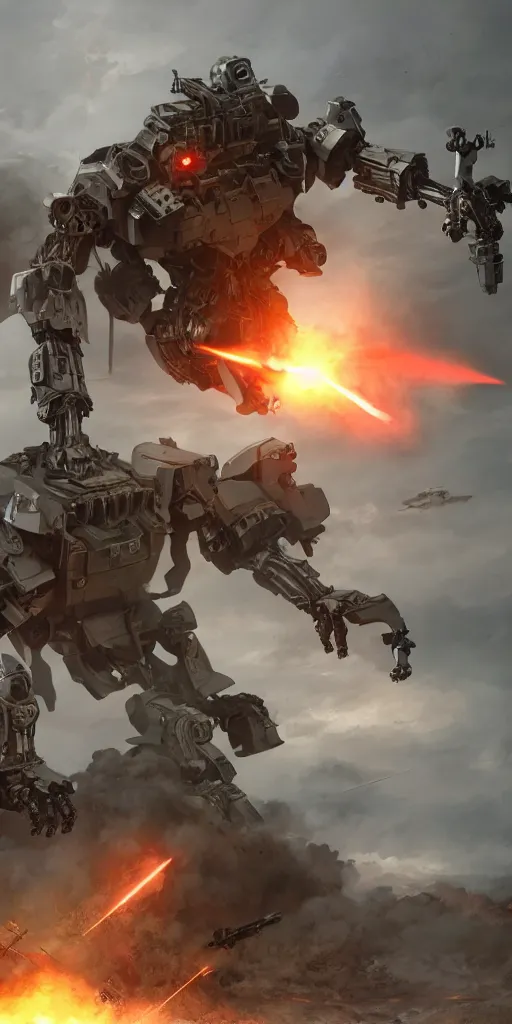 Image similar to concept art, world war iii, battlefield scene, ultra - wide view, war robot, mecha soldier, exoskeleton power armor, launch kinetic energy weapon, launch tracking missile, armor piercing bullet, drag light bullet, backlight, future technology, smooth lines, high detail, 8 k, octane rendering, unreal engine.