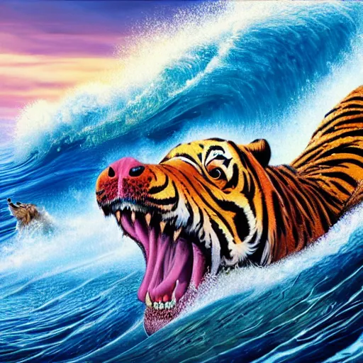 Prompt: a closeup photorealistic render of a cute smiling tiger hippopotamus riding a large wave during sunset. surf in the background. intricate stitching. professional capture. brightly lit scene. this 4 k hd image is trending on artstation, featured on behance, well - rendered, extra crisp, features intricate detail, epic composition and the style of unreal engine.