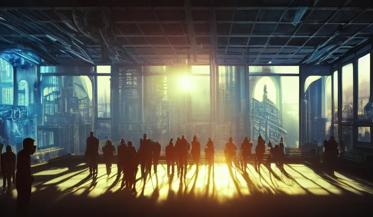 Prompt: crowd of people in blank walled warehouse, looking at hologram of futuristic city on a table, cinematic concept art, godrays, golden hour, natural sunlight, 4 k, clear details, tabletop model buildings, center model buildings, hologram center, crane shot, crane shot, crane shot