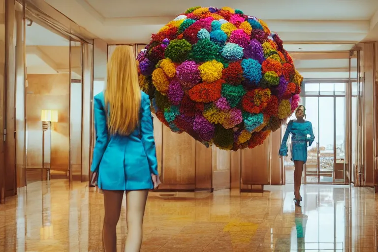 Image similar to giant flower head, girl walking in hotel, surreal, symmetry, flat space, fanciful, colourful, detailed, wes anderson