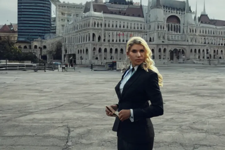 Prompt: movie still of kesha in a business suit, budapest street background, highly - detailed, award - winning, cinematic, establishing shot