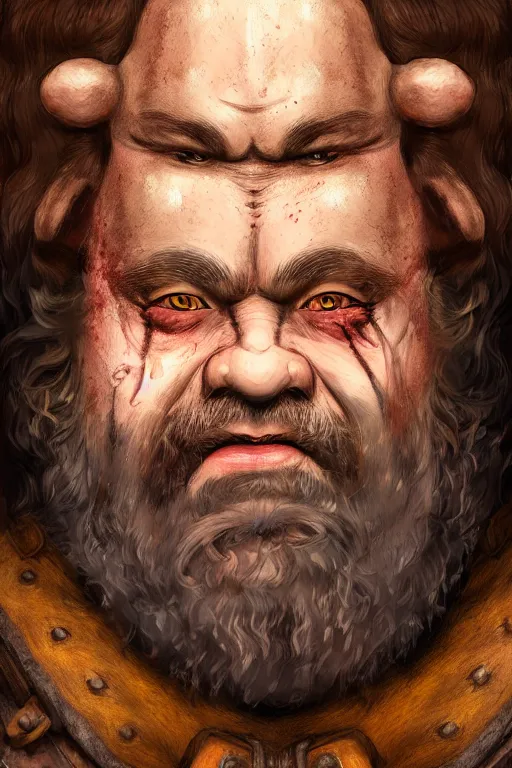 Image similar to head and shoulders portrait of a dwarf adventurer, jovial, scarred lip, grandfatherly, leather armor, male, tavern background, high fantasy, d & d, by klimt, face details, extremely detailed, digital illustration