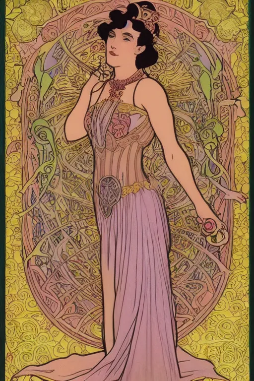 Prompt: full length painting of princess - peach!!!!!!! art nouveau, tarot card by mucha, gaudy colors, sharp edges, intricate line - work.