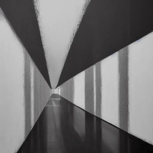 Prompt: a solemn simulacrum, standing inside an infinite corridor, trending on artstation, abstract black and white painting, masterpiece
