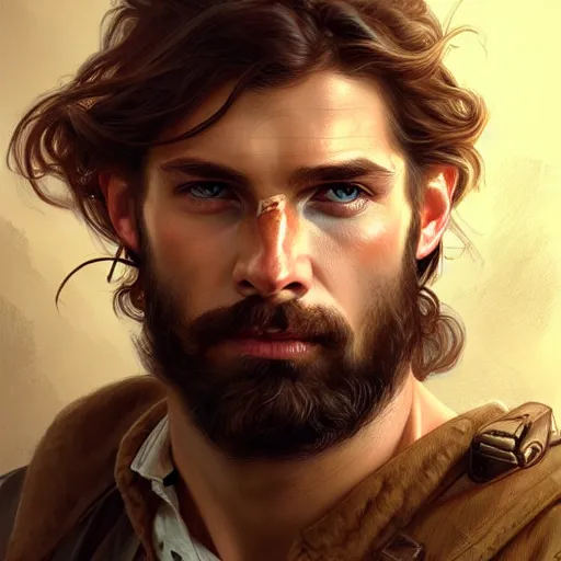 Image similar to Portrait of rugged male ranger, D&D, amber eyes, face, long hair, muscular, fantasy, intricate, elegant, highly detailed, digital painting, artstation, concept art, smooth, sharp focus, illustration, art by artgerm and greg rutkowski and alphonse mucha