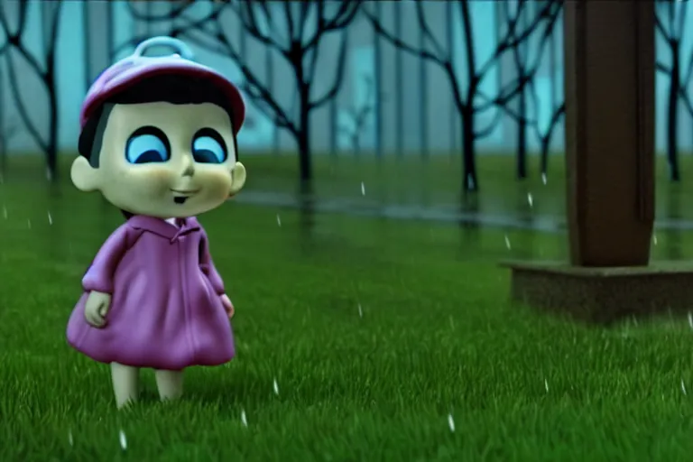 Prompt: A sad scene in the rain, glitchcore, morel orel screencap