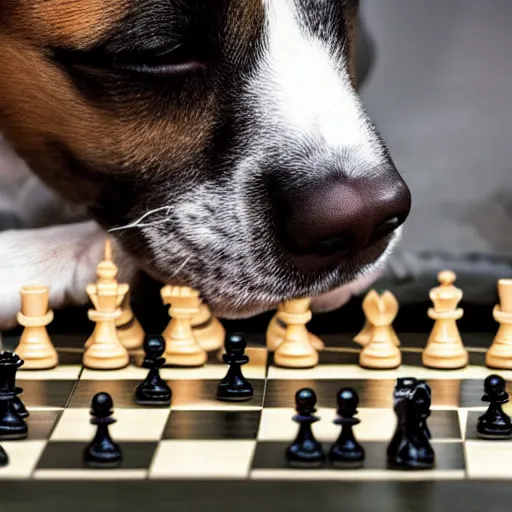 Prompt: a dog playing chess