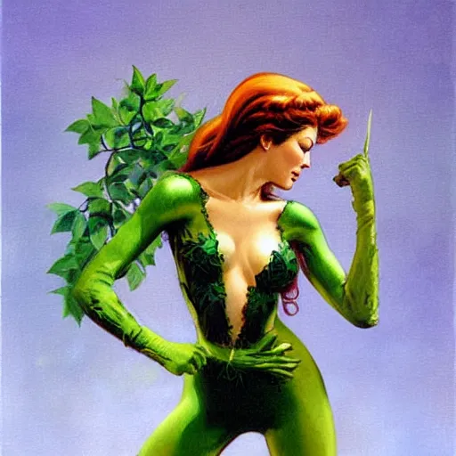 Image similar to poison ivy from batman, painting by Boris Vallejo