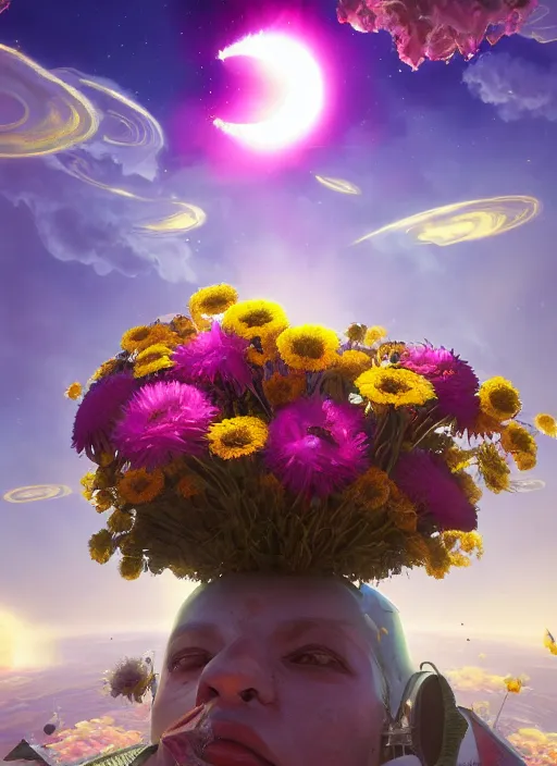 Image similar to An epic fantastic realism comic book style painting of the most beautiful flowers launched into space, bouquets, solar eclipse, fisheye, unreal 5, DAZ, hyperrealistic, octane render, dynamic lighting