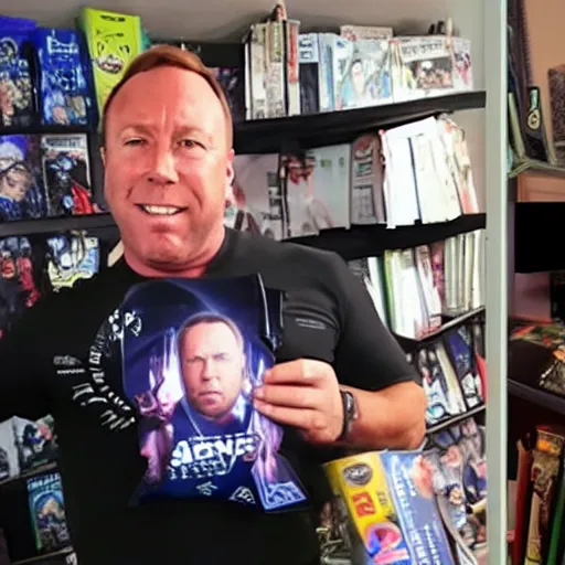 Prompt: alex jones proudly displaying his waifu body pillow in a room full of action figures