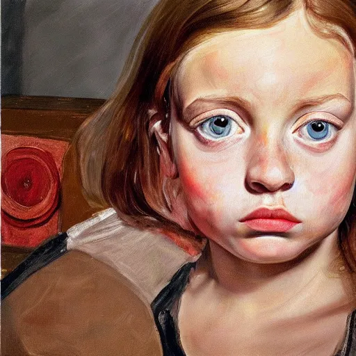 Image similar to high quality high detail painting by lucian freud, hd, beautiful young girl portrait, big eyes, alizarin crimson and white, photorealistic lighting