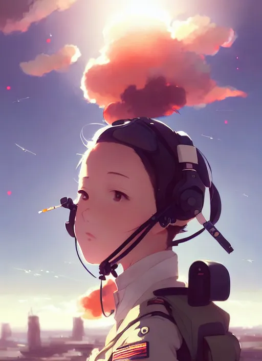 Prompt: portrait of cute pilot girl, smoky sky background urban landscape illustration concept art anime key visual trending pixiv fanbox by wlop and greg rutkowski and makoto shinkai and studio ghibli and kyoto animation soldier clothing military gear airplane cockpit instruments