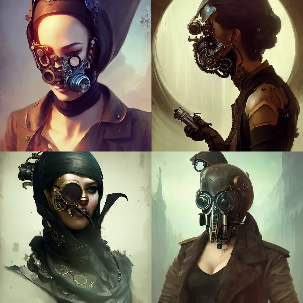 Prompt: steampunk assassin with prosthetic mask, portrait, digital art cedric peyravernay, greg rutkowski, viktoria gavrilenko, artgerm, ross tran