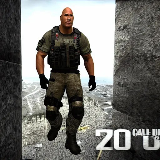 Prompt: dwayne the rock johnson, dwayne the rock johnson in the call of duty map highrise, modern warfare 2 highrise, screenshot