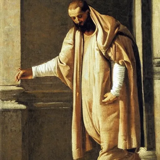 Prompt: guy with white hoodie walking in the music in genoa. painting by veronese