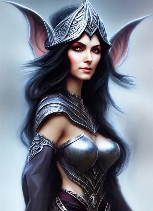 Image similar to d & d concept art of gorgeous elven woman with raven black hair in the style of stefan kostic, realistic, half body shot, sharp focus, 8 k high definition, insanely detailed, intricate, elegant, art by stanley lau and artgerm, foggy backgeound, fantasy