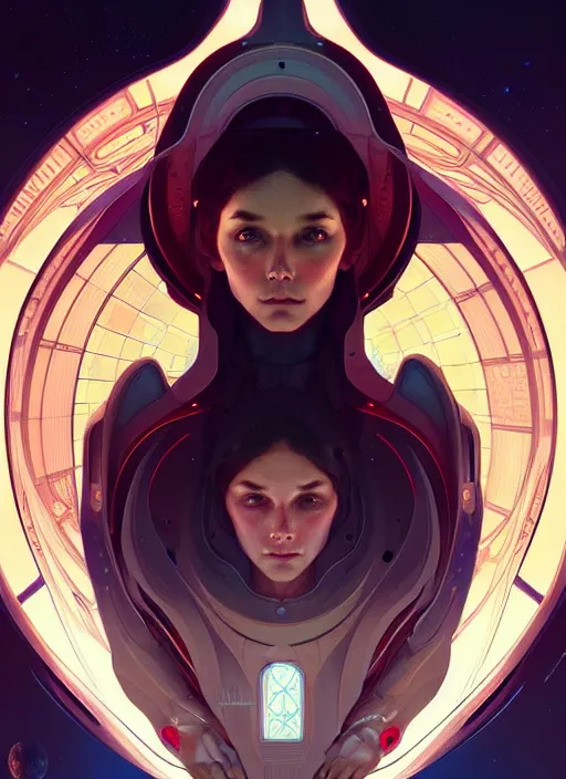 Image similar to symmetry, girl in a spaceship intricate, elegant, highly detailed, digital painting, artstation, concept art, smooth, sharp focus, illustration, art by artgerm and greg rutkowski and alphonse mucha