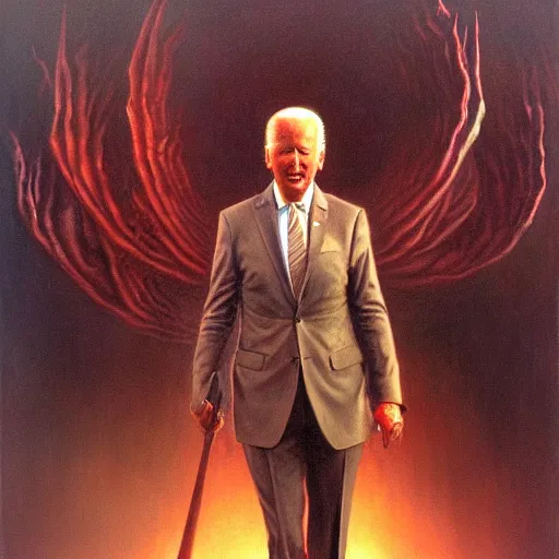 Image similar to epic Joe Biden in pandemonium, demons and souls, portrait, art by Wayne Barlowe, oil on canvas