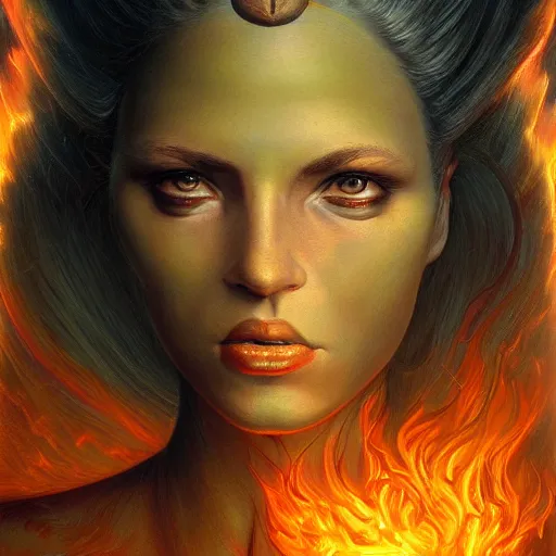 Image similar to A stunning portrait of a goddess with a body of flames by Jim Burns, 8K UHD, intricate, fantasy, Trending on artstation.