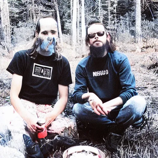 Image similar to grainy low quality 90s poloraid photo of a couple guys wearing Synthwave style shirts near a campfire, scanned photo, visual photo artifacts