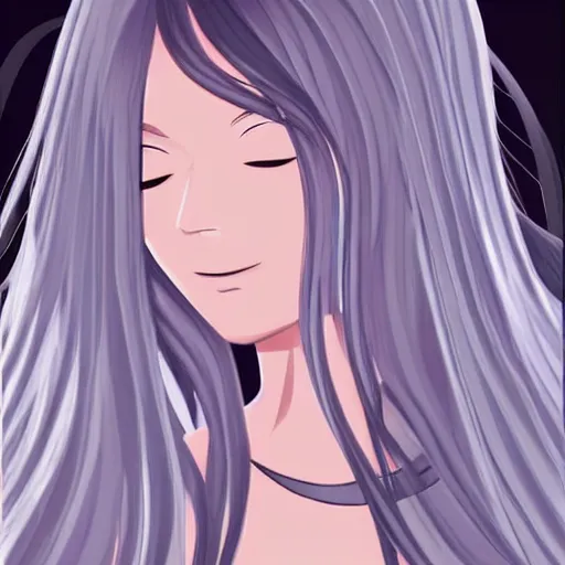 Image similar to young woman with long wavy ashen silver hair, with blackness instead of eyes, anime