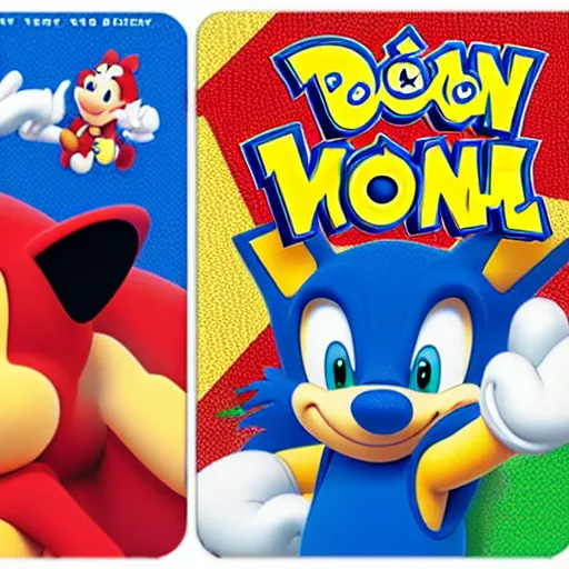 Image similar to photograph of winnie the pooh and super mario and sonic the hedgehog anime style, on pokemon card packs at target