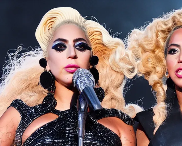 Image similar to Lady gaga and Beyonce perfom together at a concert, EOS 5D, ISO100, f/8, 1/125, 84mm, RAW Dual Pixel, Dolby Vision, HDR, AP, Featured