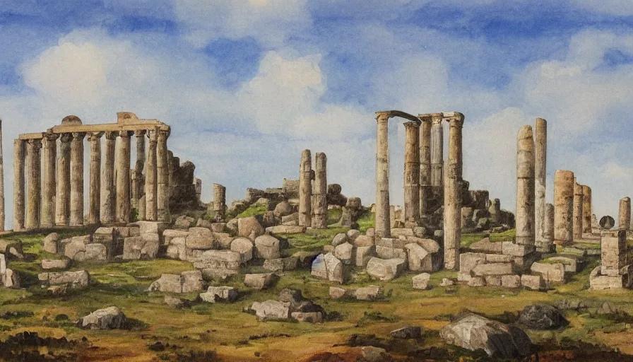 Image similar to a sleeping giant nestled between roman ruins, in the art style of the painter arellius