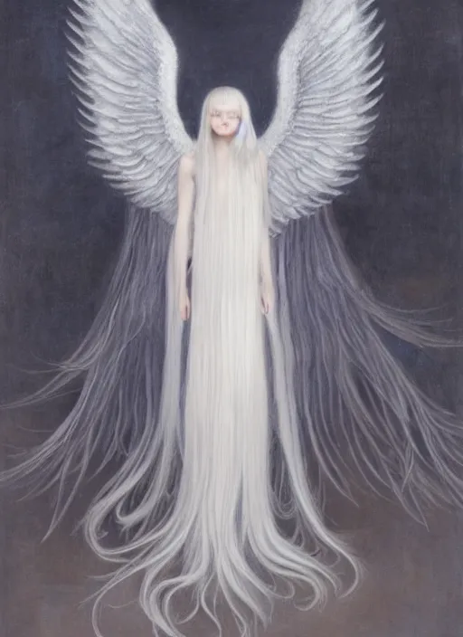 Image similar to tall thin young wan beautiful angel, silver hair so long, pale!, long silver hair, silver angel wings, wan adorable korean face, silver hair!!, style of fernand khnopff and lucien levy - dhurmer, oil on canvas, 4 k resolution, aesthetic!,