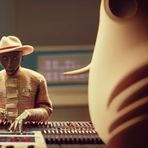 Image similar to cinematic film still of Pharrell Williams Making A Beat with an anthropomorphic alien, Japanese VFX, 2018, 400mm lens, f1.8, shallow depth of field,film photography