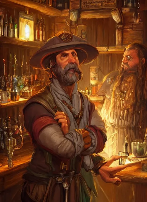 Image similar to barkeep in a tavern, ultra detailed fantasy, dndbeyond, bright, colourful, realistic, dnd character portrait, full body, pathfinder, pinterest, art by ralph horsley, dnd, rpg, lotr game design fanart by concept art, behance hd, artstation, deviantart, hdr render in unreal engine 5
