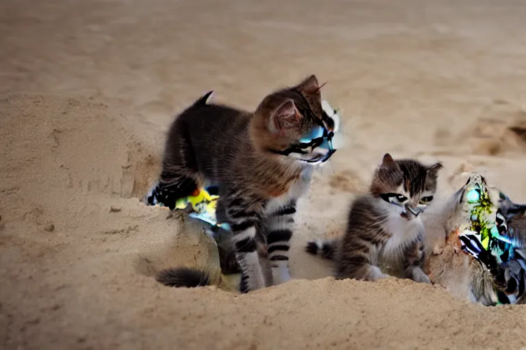 Image similar to two kittens touching a sand castle with two children