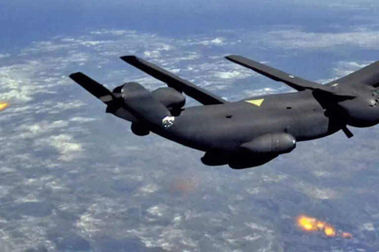 Prompt: gigachad!!!!!!!! getting nuked by a plane, ac 1 3 0 footage, government released footage