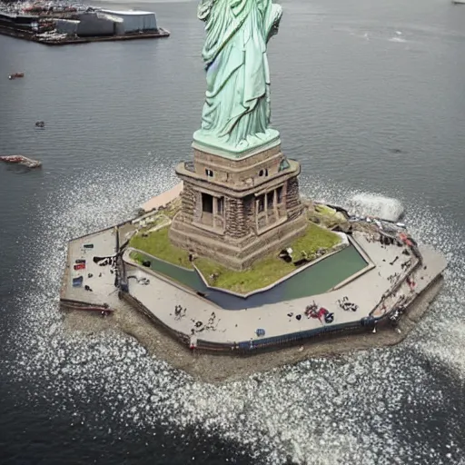 Prompt: an exploding Statue of Liberty in the style of NAOYA HATAKEYAMA, CAI GUO-QIANG, and LOS CARPINTEROS