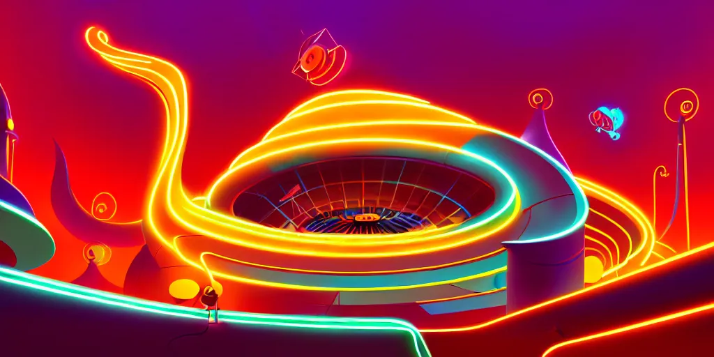 Prompt: spiral lines, minimalistic, extreme wide angle, curved perspective, digital art, chubby, subsurface scattering, indoor casino, by anton fadeev, dr, seuss, spiral smoke, artstation, neon