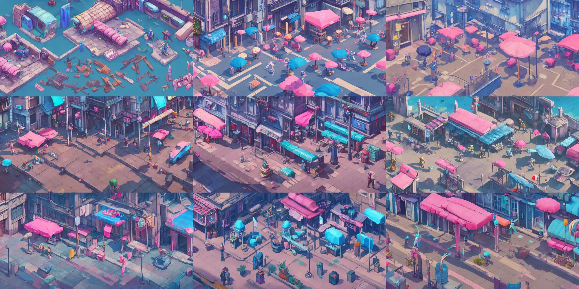 Prompt: game asset of city sidewalk furniture and decorations, in gouache detailed paintings, props, stylized, 2 d sprites, kitbash, arcane, overwatch, blue and pink color scheme, 8 k, close up