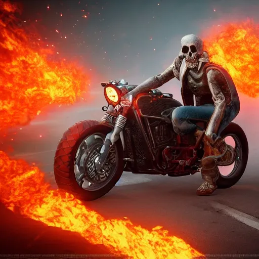 Image similar to hell raiser, field of view, depth of field, artstation, unreal 5, octane render, backlight, vfx, flames, symmetrical features, manic, true to character, epic, motorcycle, movie star, skull, - w 8 3 2